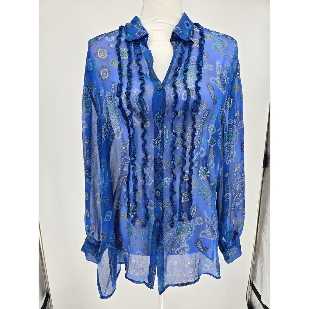 S.L.B. Womens Blue Paisley 100% Silk Ruffle Front Button Down Blouse Large